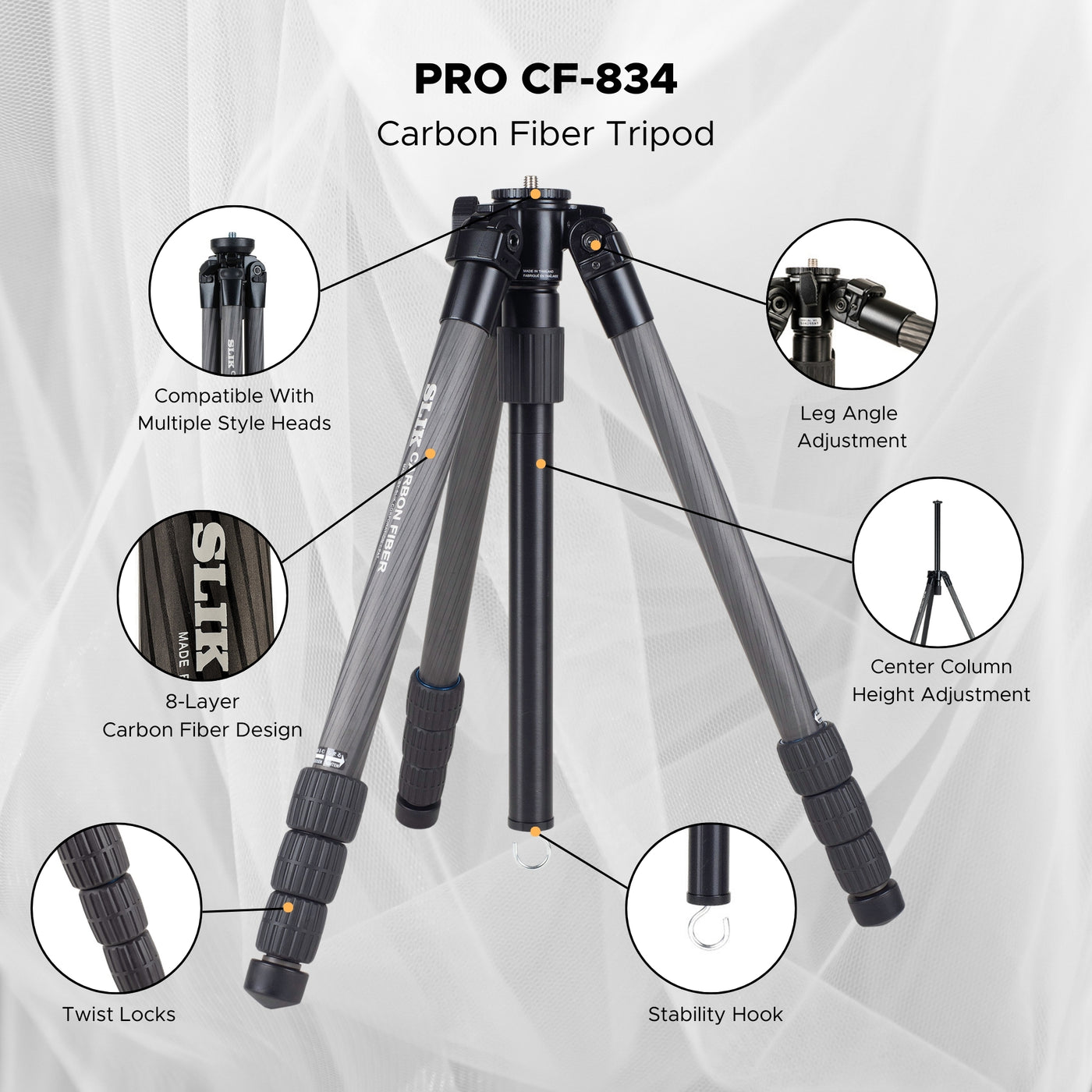 SLIK Tripods | Pro CF-834 Carbon Fiber Tripod Legs Only